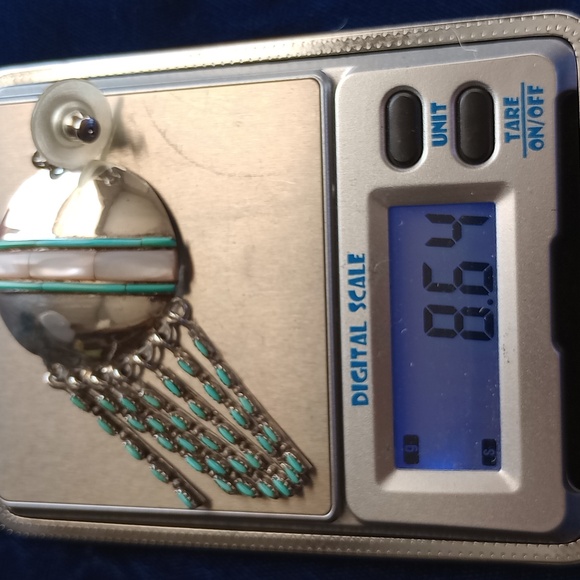 Native American Mother Of Pearl & Turquoise Sterling Silver Dangle Stud Earrings - Picture 15 of 16